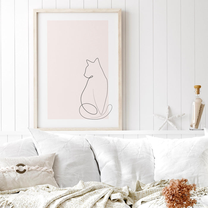 Siamese cat ink drawing | cute pink cat wall art | pink feline line art | neutral pale pink decor |  baby pink minimalist digital art