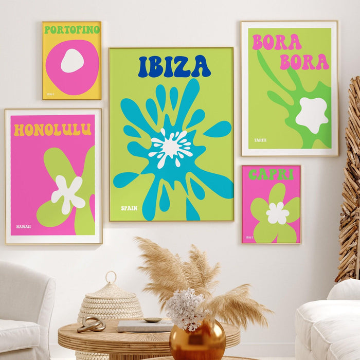 Set of 5 green and pink print gallery wall | digital art download | printable art, pink and green wall art, pink and green, travel posters