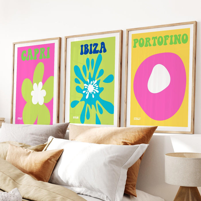 Set of 5 green and pink print gallery wall | digital art download | printable art, pink and green wall art, pink and green, travel posters