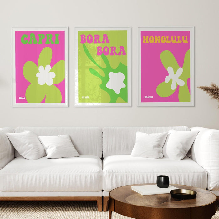 Set of 5 green and pink print gallery wall | digital art download | printable art, pink and green wall art, pink and green, travel posters