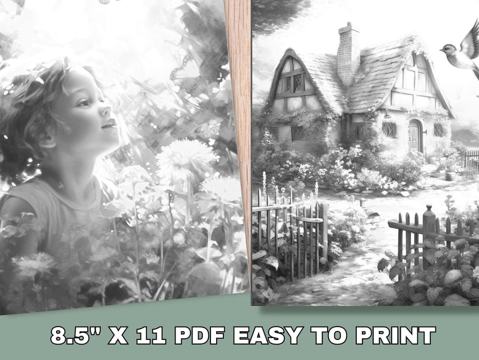 Secret garden | delicate printable adult grayscale colouring book pages | set of 25 printable coloring in pages instant digital download pdf