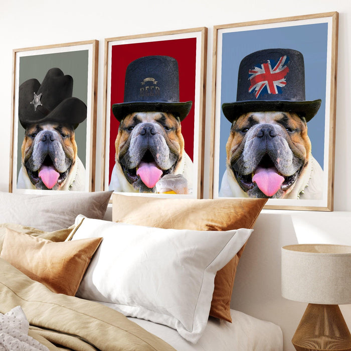 Set of 3 bulldog prints,pet portrait, preppy room decor, trendy poster, bulldog wall art, funny dog, gift for teenage boy, kitchen bar decor