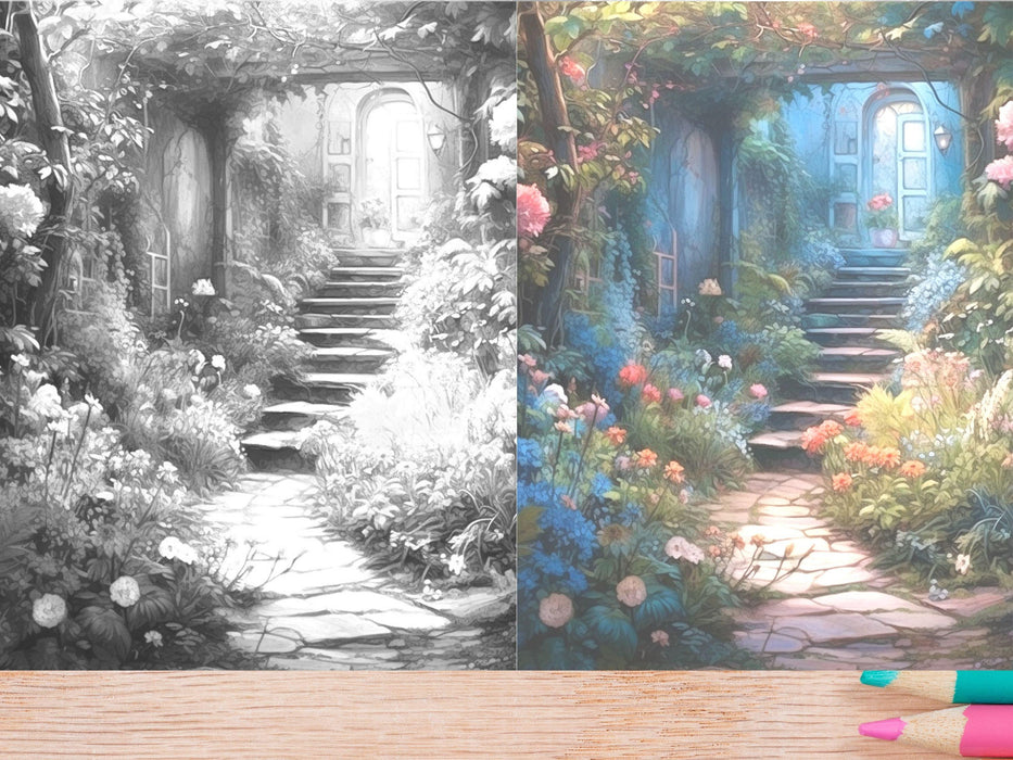 Secret garden | delicate printable adult grayscale colouring book pages | set of 25 printable coloring in pages instant digital download pdf