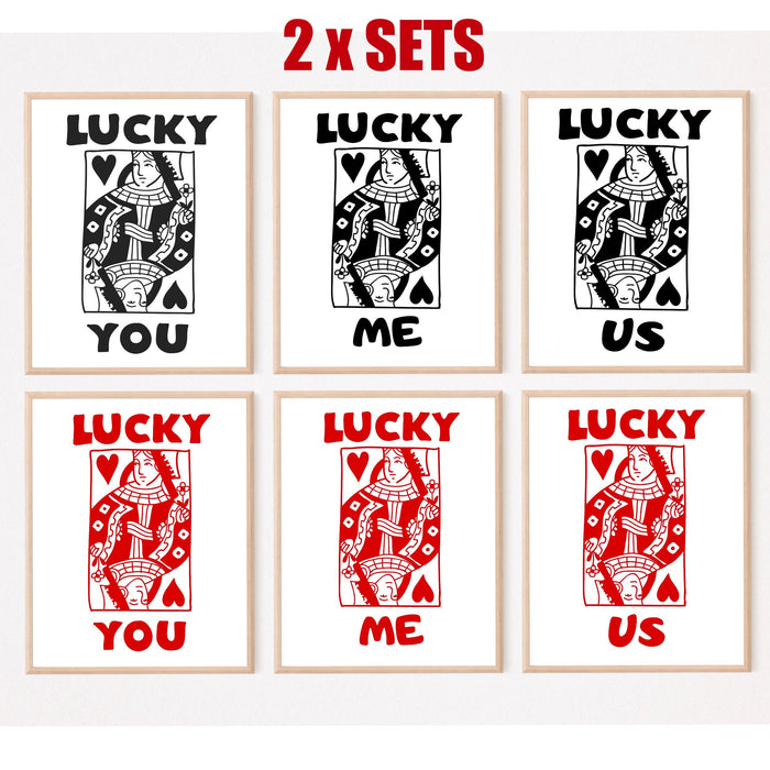 Retro trendy aesthetic wall art, digital download, wall decor, large printable art, queen of hearts, lucky you, set of 6, lucky you me us