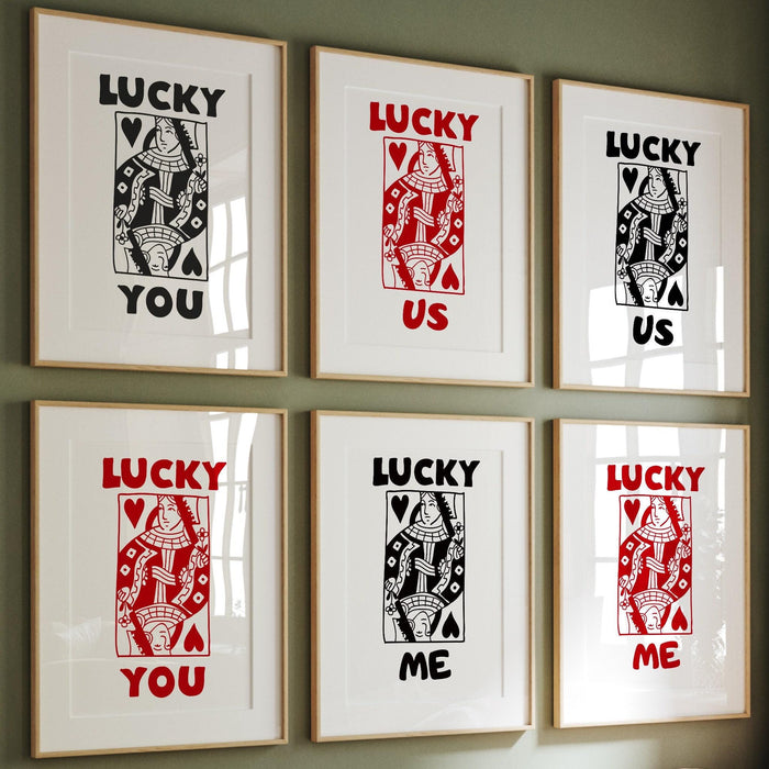 Retro trendy aesthetic wall art, digital download, wall decor, large printable art, queen of hearts, lucky you, set of 6, lucky you me us