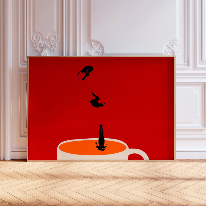 Red maximalist modern poster gift for coffee lover, kitchen wall art.