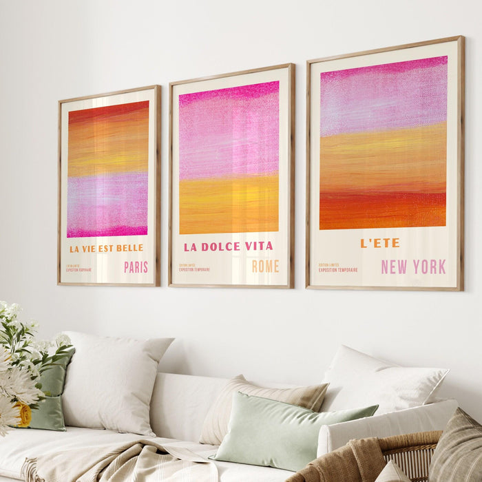 Pink wall art, abstract poster, 70s style poster, 60s flower print, orange pink decor, dork room wall art, printable set of 3, aesthetic art