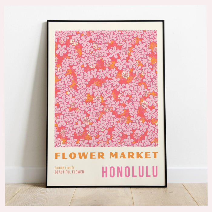 Pink print, flower market digital download print, 70s style poster, honolulu art, pink decor, printable art, pink wall art, honolulu print,