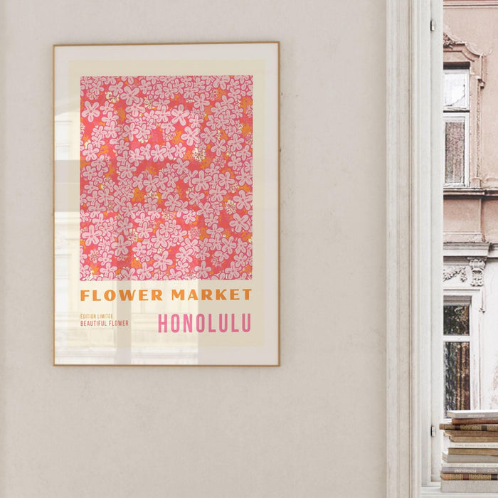 Pink print, flower market digital download print, 70s style poster, honolulu art, pink decor, printable art, pink wall art, honolulu print,