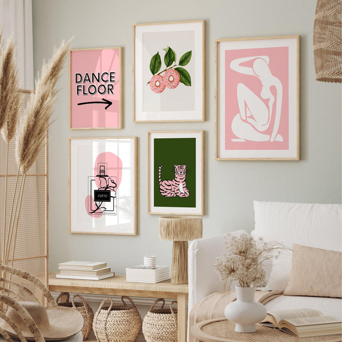 Pink gallery wall set of 5, trendy wall art, matisse pink green art, fashion print, pink preppy wall decor art print set,