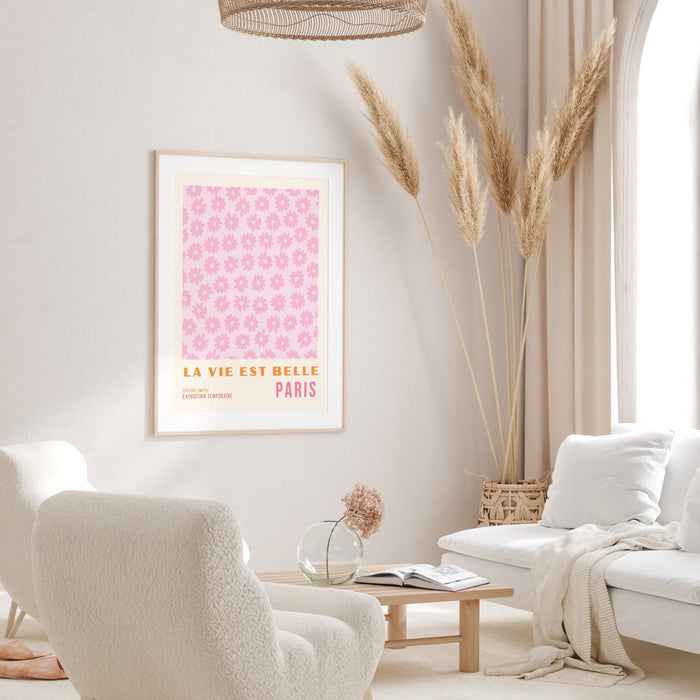 Pink flower market digital download, 70s style poster, 60s flower print, orange pink decor, botanical wall art, printable