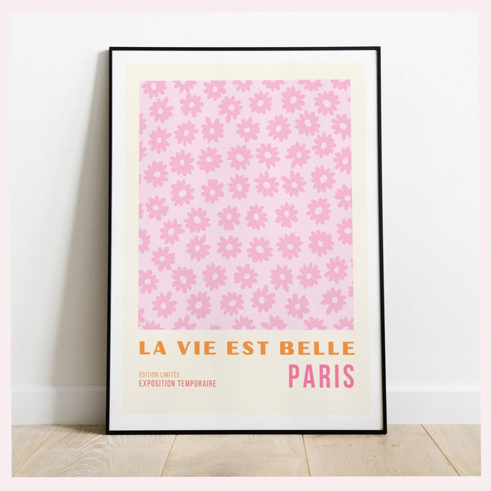 Pink flower market digital download, 70s style poster, 60s flower print, orange pink decor, botanical wall art, printable