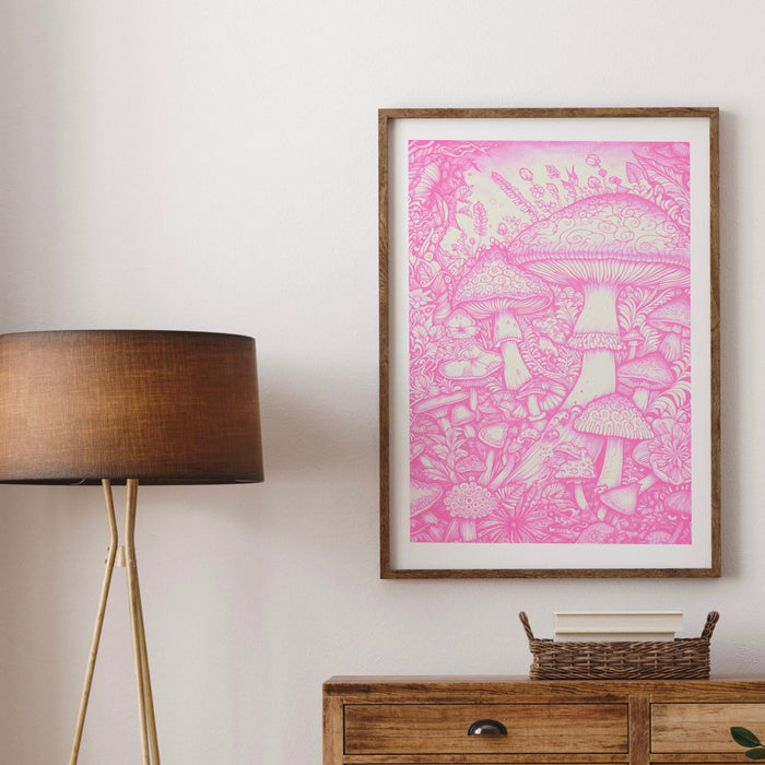 Mushrooms, trendy retro pink wall art mushrooms, retro trendy aesthetic print pink white wall decor trendy art minimalistic printable poster