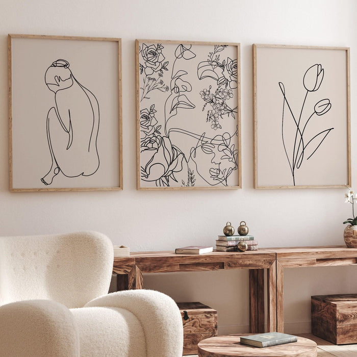 Neutral wall prints set of 3 prints,, botanical wall prints, botanical line art,beige home decor, line drawing, female body,digital download