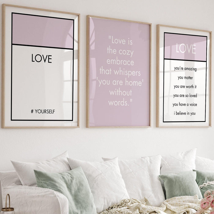 Love yourself trendy retro wall art set of 3 card art aesthetic print love self help poster pink prints wall art minimalist digital art