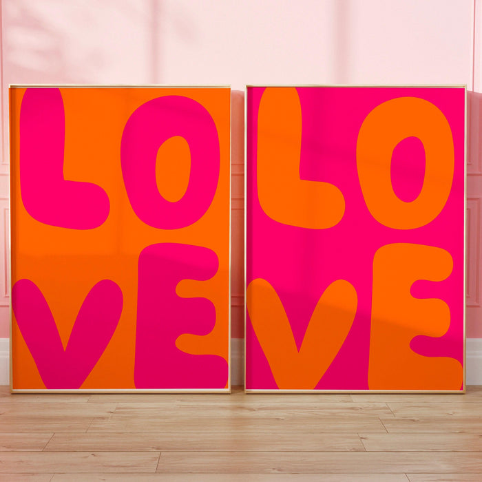 Love - trendy retro wall art,retro trendy aesthetic print,pink and orange trendy wall art, maximalist abstract digital art