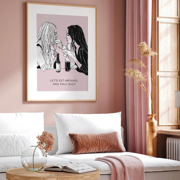 Let's sit around and talk shit-cocktail wall art-bar cart prints-digital prints- pink wall art-cocktail art-minimalist art-bar cart-dorm