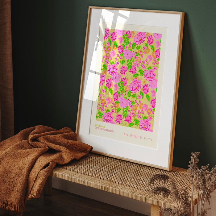 La dolce vita, liberty print digital download, 50s style poster, 60s flower print, pink orange decor, exhibition print, pink printable art
