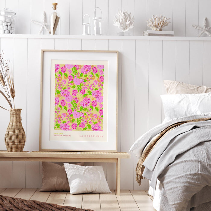 La dolce vita, liberty print digital download, 50s style poster, 60s flower print, pink orange decor, exhibition print, pink printable art