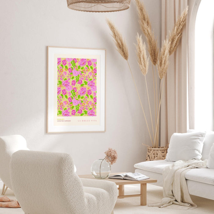 La dolce vita, liberty print digital download, 50s style poster, 60s flower print, pink orange decor, exhibition print, pink printable art