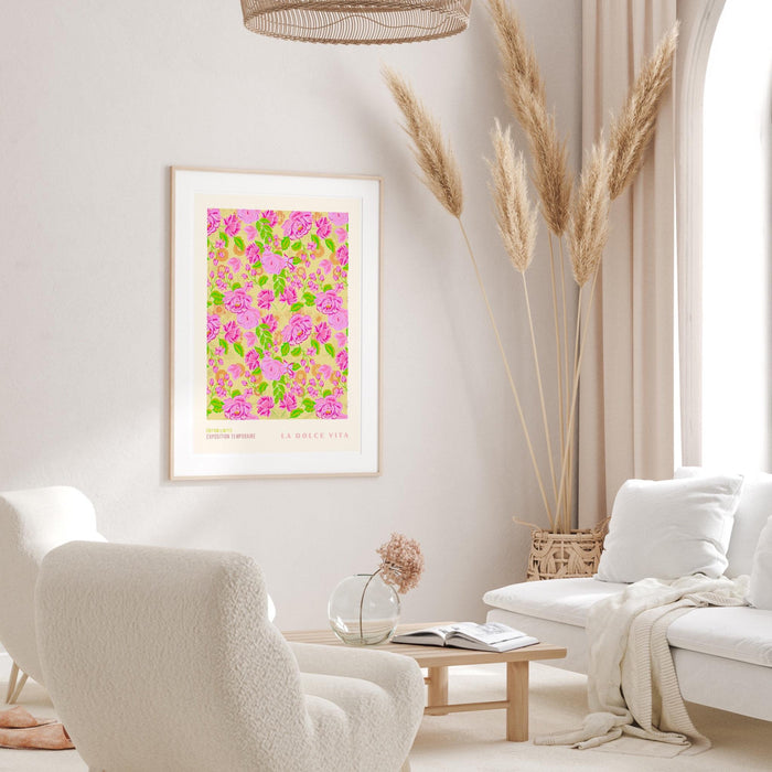 La dolce vita, liberty print digital download, 50s style poster, 60s flower print, pink orange decor, exhibition print, pink printable art