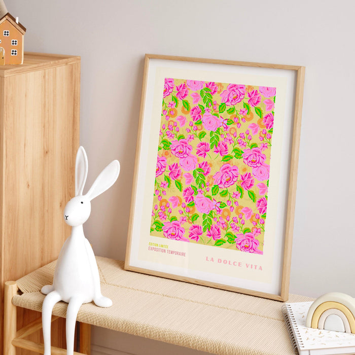 La dolce vita, liberty print digital download, 50s style poster, 60s flower print, pink orange decor, exhibition print, pink printable art