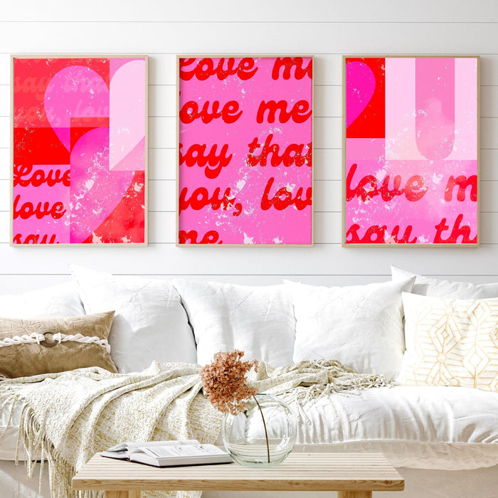 Hot pink wall art set of 6 prints | maximalist decor | over sofa prints | pink abstract print set | preppy wall art | hot pink gallery