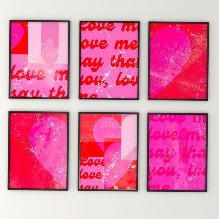 Hot pink wall art set of 6 prints | maximalist decor | over sofa prints | pink abstract print set | preppy wall art | hot pink gallery
