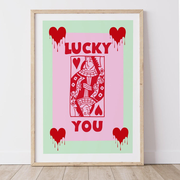 Green retro trendy aesthetic wall art, trendy retro wall print | preppy wall art | preppy pink poster | retro dorm decor, lucky you, preppy