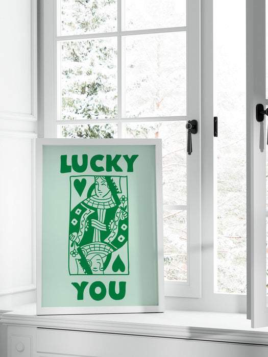 Green retro trendy aesthetic wall art, trendy retro wall print | preppy wall art | orange and pink poster | retro dorm decor, lucky you