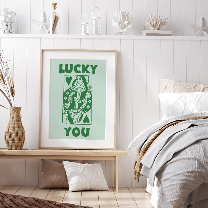 Green retro trendy aesthetic wall art, trendy retro wall print | preppy wall art | orange and pink poster | retro dorm decor, lucky you