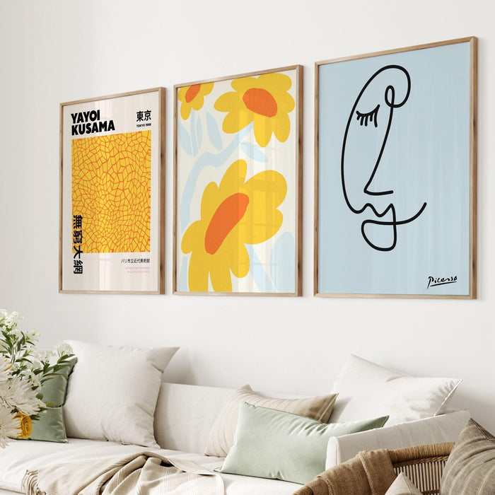 Gallery wall set of 3 prints,picasso print, flower market print,yayoi kusama poster,matisse cut out,trendy wall art,digital download,orange