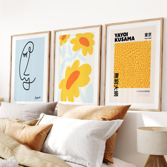 Gallery wall set of 3 prints,picasso print, flower market print,yayoi kusama poster,matisse cut out,trendy wall art,digital download,orange