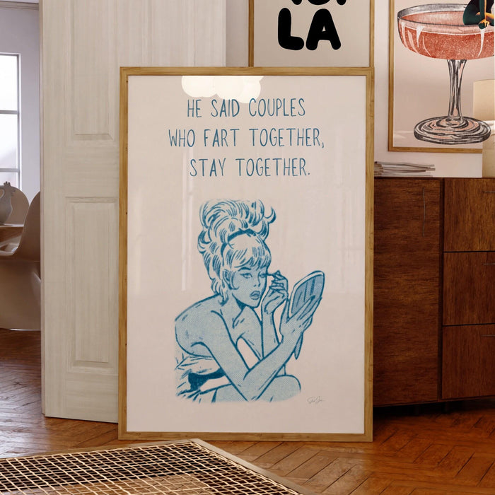 Funny retro poster, blue minimalist wall decor, fun gift fo girlfriend, fart joke,  digital download, girly dorm room art