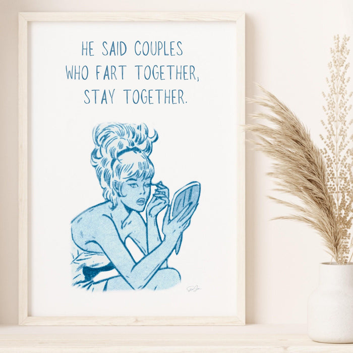 Funny retro poster, blue minimalist wall decor, fun gift fo girlfriend, fart joke,  digital download, girly dorm room art