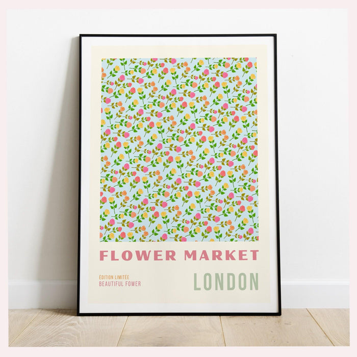 Flower market print, botanical wall art, floral drawing posters, london wall art, london print, digital download prints, floral print, green