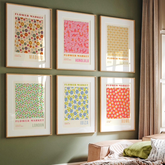 Flower market print, set of 9, botanical wall art, floral drawing posters, custom wall art set, paris, london print, digital download prints