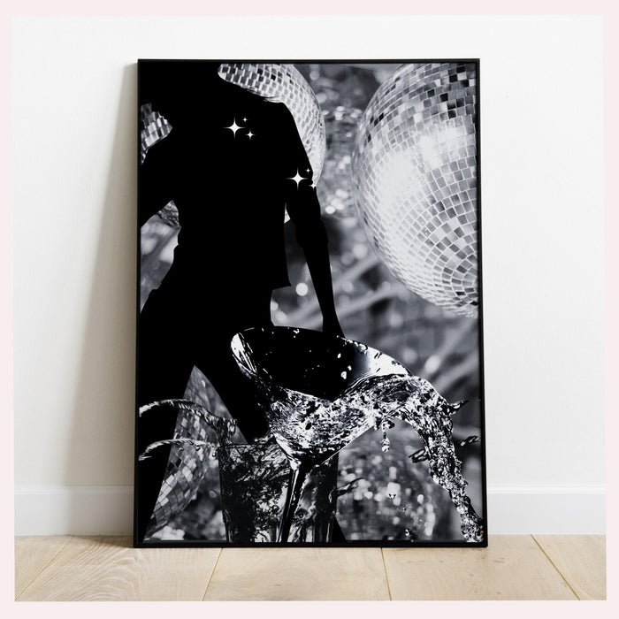 Fashion girl print | disco print | girls drinking print | fashion wall art | stylish wall art | black and white art | funky prints