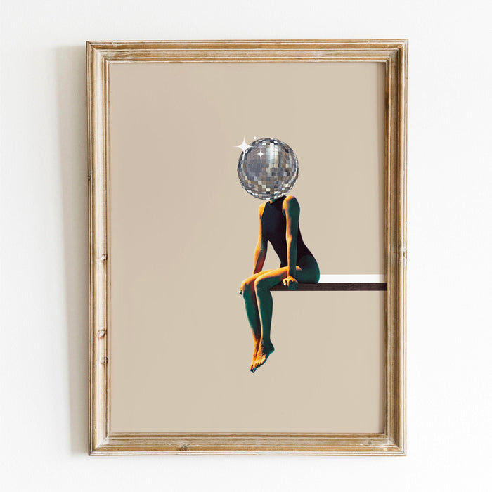 Disco ball head poster, funky disco 70s gallery wall set of 6, digital artwork, luxury mirrorball printable, girly dorm room artt trendy