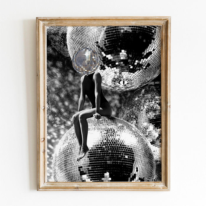 Disco ball head poster, funky disco 70s gallery wall set of 6, digital artwork, luxury mirrorball printable, girly dorm room artt trendy