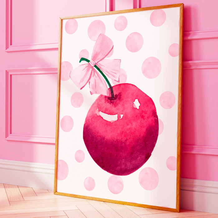 Cute cherry wall art print, pink girly poster, coquette pink bow soft girl bedroom decor, trendy wall art, preppy college apartment print