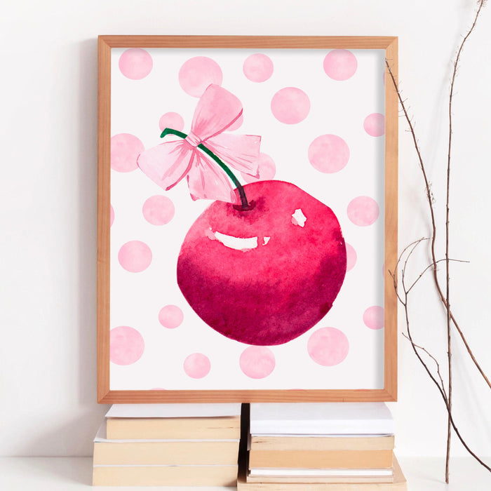 Cute cherry wall art print, pink girly poster, coquette pink bow soft girl bedroom decor, trendy wall art, preppy college apartment print