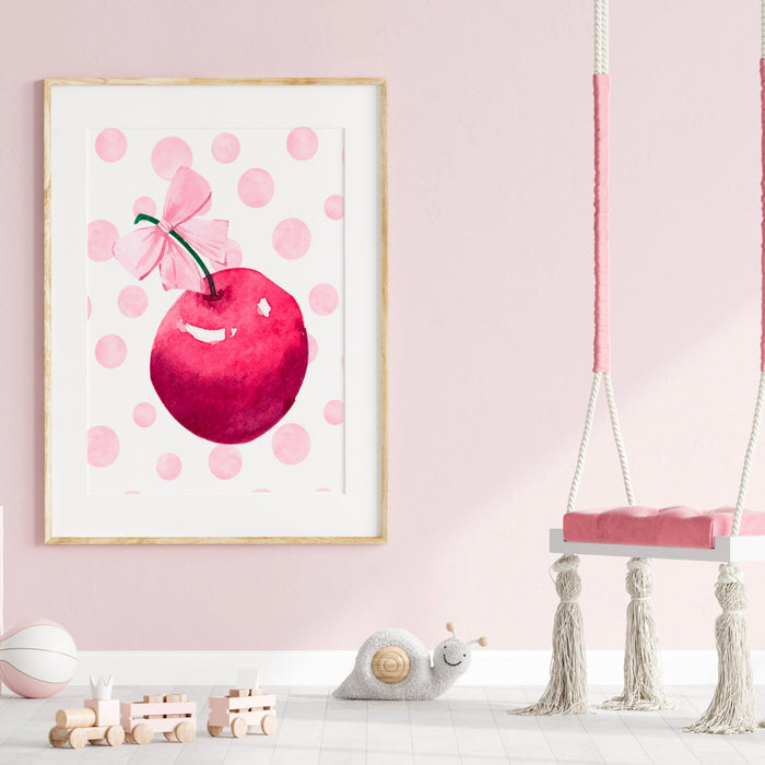 Cute cherry wall art print, pink girly poster, coquette pink bow soft girl bedroom decor, trendy wall art, preppy college apartment print