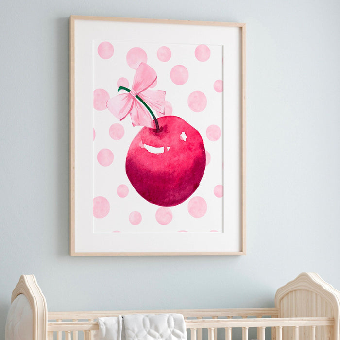 Cute cherry wall art print, pink girly poster, coquette pink bow soft girl bedroom decor, trendy wall art, preppy college apartment print