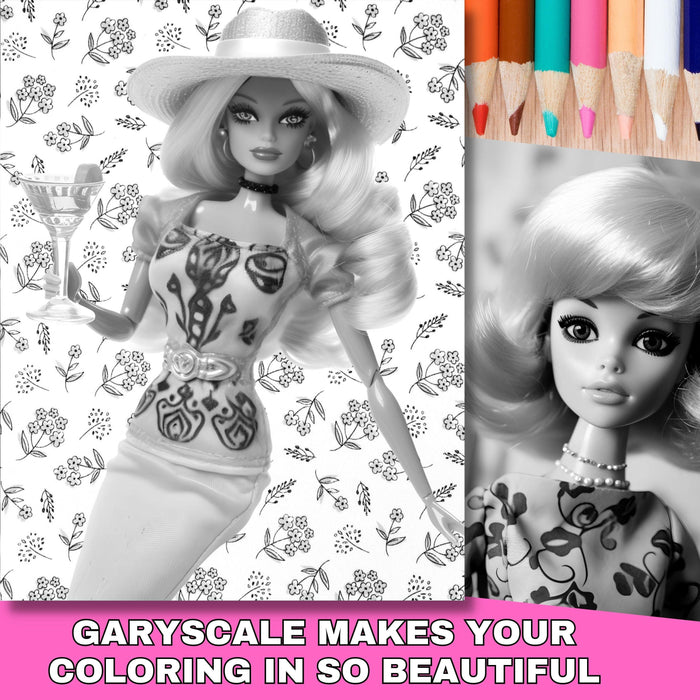 Colouring book pages grayscale, doll world printable adult grayscale, set of 10 printable coloring in pages instant digital download pdf