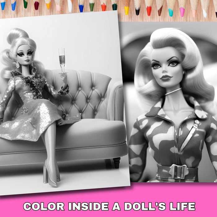 Colouring book pages grayscale, doll world printable adult grayscale, set of 10 printable coloring in pages instant digital download pdf