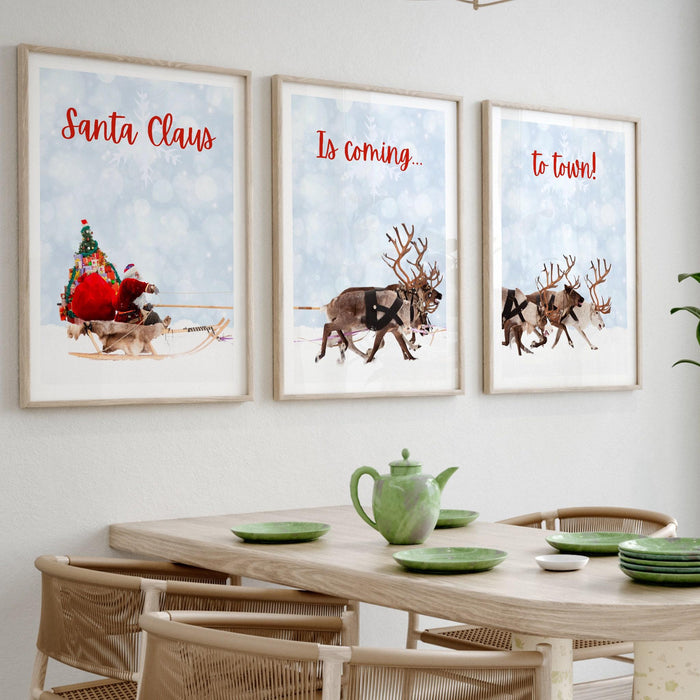 Christmas santa claus reindeer with a sleigh printable | xmas printable home decor | christmas decorations | christmas wall art, set of 3,