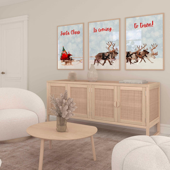 Christmas santa claus reindeer with a sleigh printable | xmas printable home decor | christmas decorations | christmas wall art, set of 3,