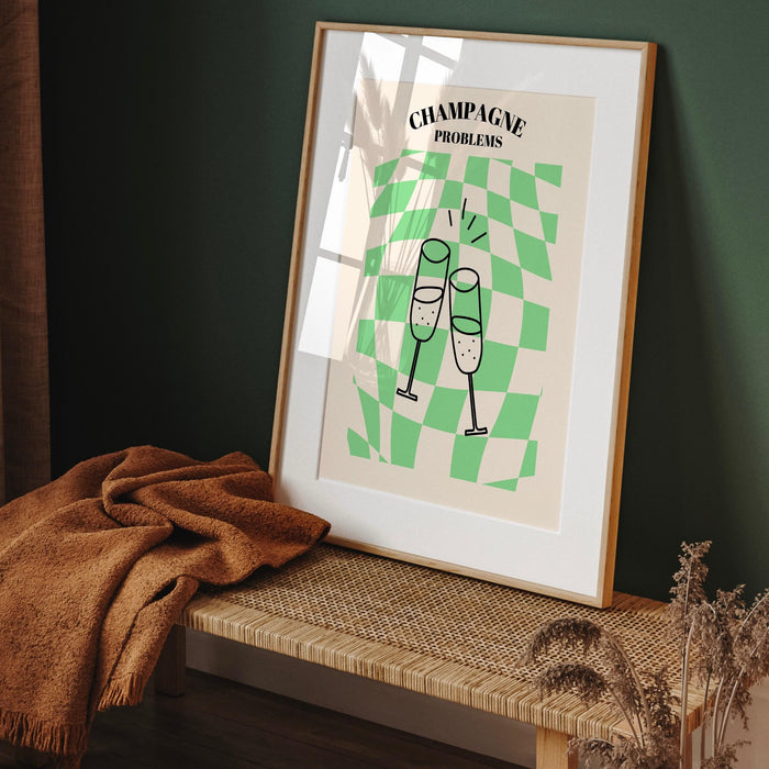 Champagne problems,swiftie gift,funky checkered wavy poster,retro print , retro,disco ball decor,70's preppy poster ,minimalist, green y2k
