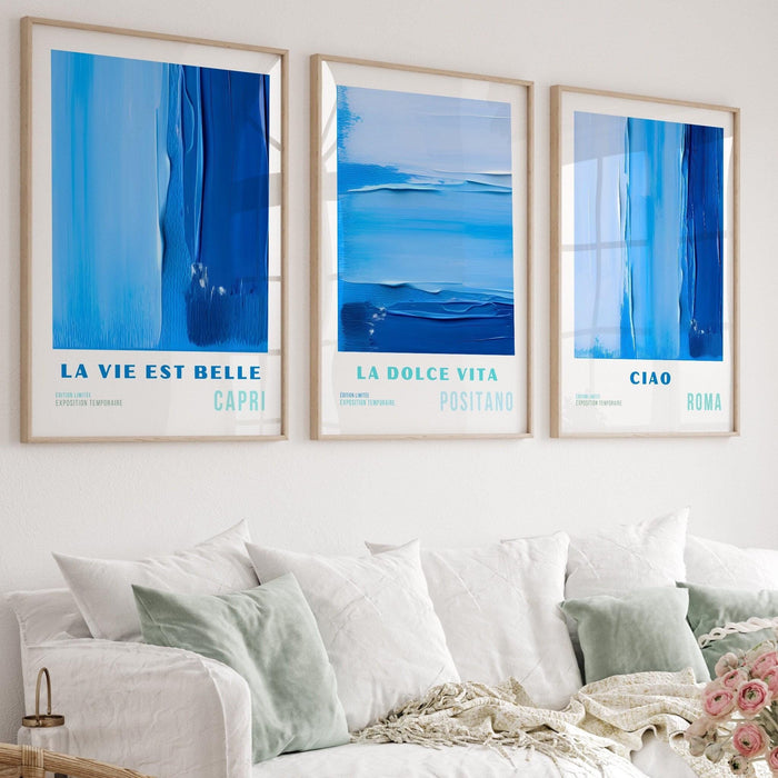 Blue abstract painting, printable set of 3, maximalist art, digital print,  blue gallery wall art print, coastal decor, bright art